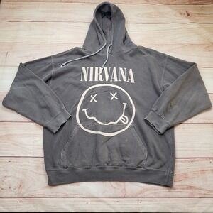 Nirvana Sweater Mens Medium Gray Smiley Kurt Cobain Hoodie Grunge Rock Band